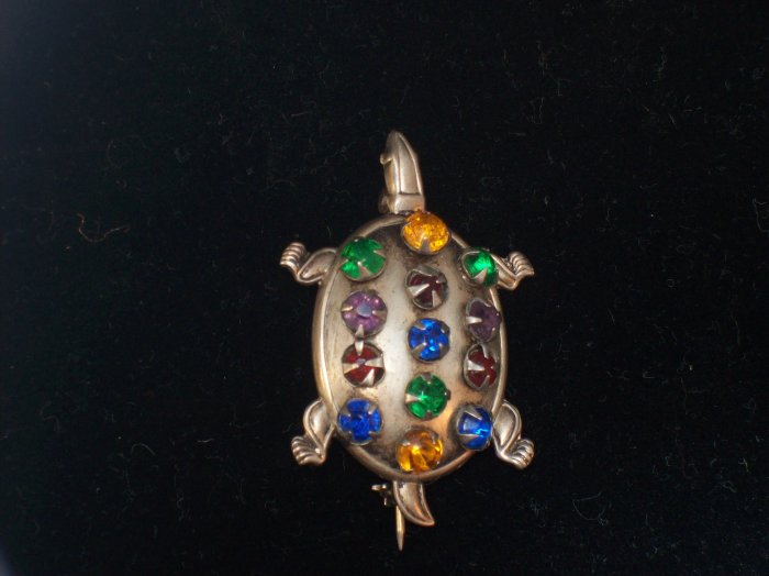 Sterling Silver Figural Turtle Brooch/Pin Colored Rhinestones