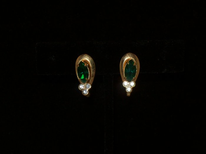 Coro screwback gold-tone green clear rhinestone earrings