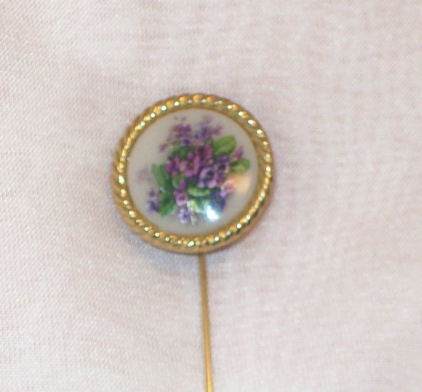 Trifari Gold-tone Stick/hat Pin purple violets transfer