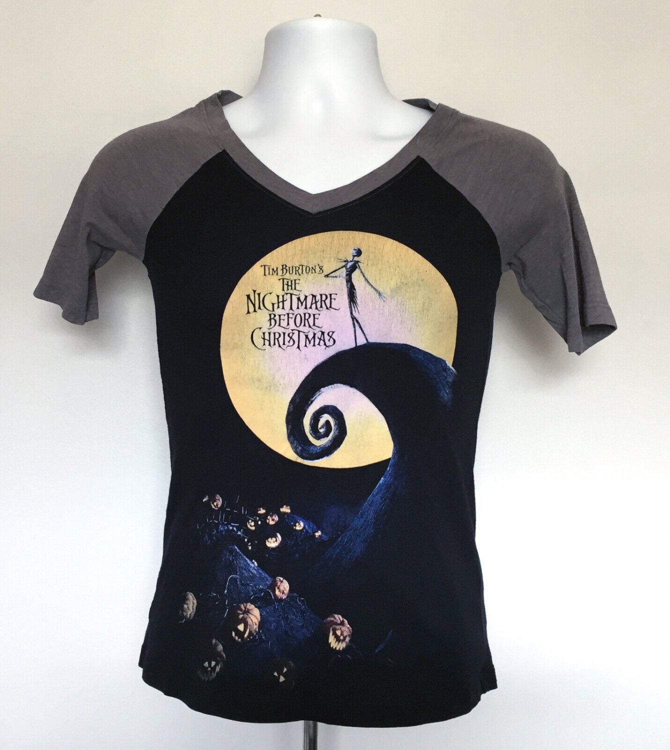 Tim Burtons Nightmare Before Christmas Raglan V Neck T Shirt Womens XS