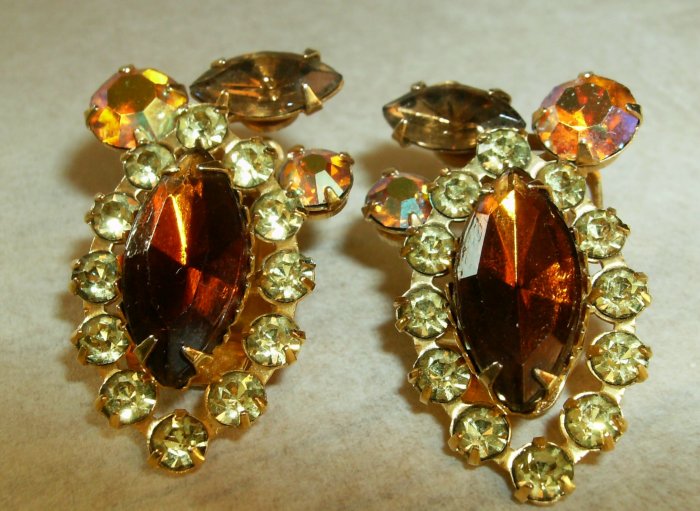 Vintage Amber Marquis Rhinestone Clip earrings