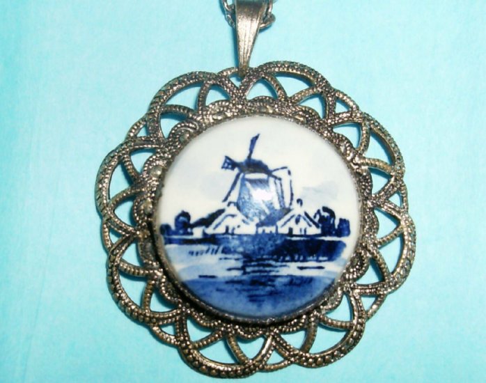 Vintage Blue Delft Windmill Necklace