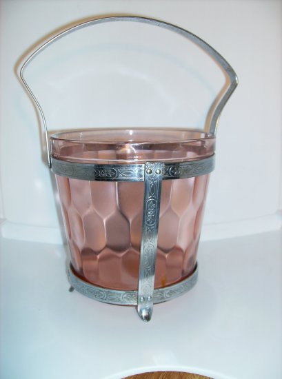 Hex Optic Pink Ice bucket Jeannette Glass