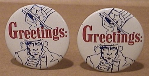 LOT 2 GREETINGS UNCLE SAM PINS 1970s STRIP CLUB ADVERTISING BUTTONS