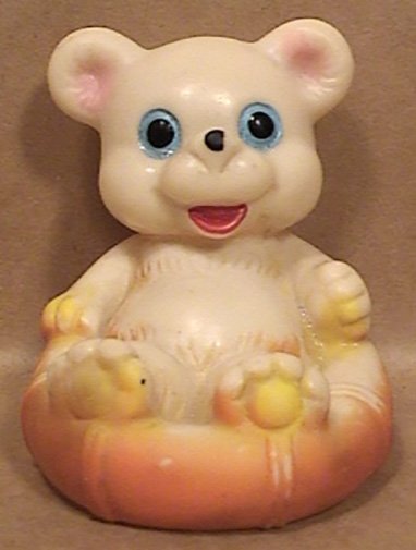 SMALL BEAR SQUEAK TOY DOLL in INFLATABLE BOAT RAFT TUBE VINYL RUBBER KOREA 1970s