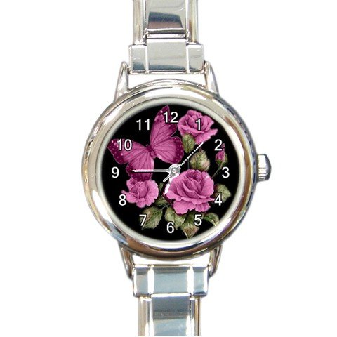 New round Italian Charm Watch Pink Butterfly Pink Roses