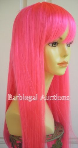 Long Neon Hot Pink Straight Wig w/ Bangs~Cosplay~Anime~Punk~Costume