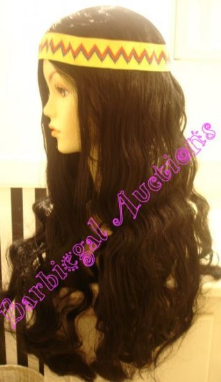 Long Black Hippy Halloween Costume Wig~Flower Child