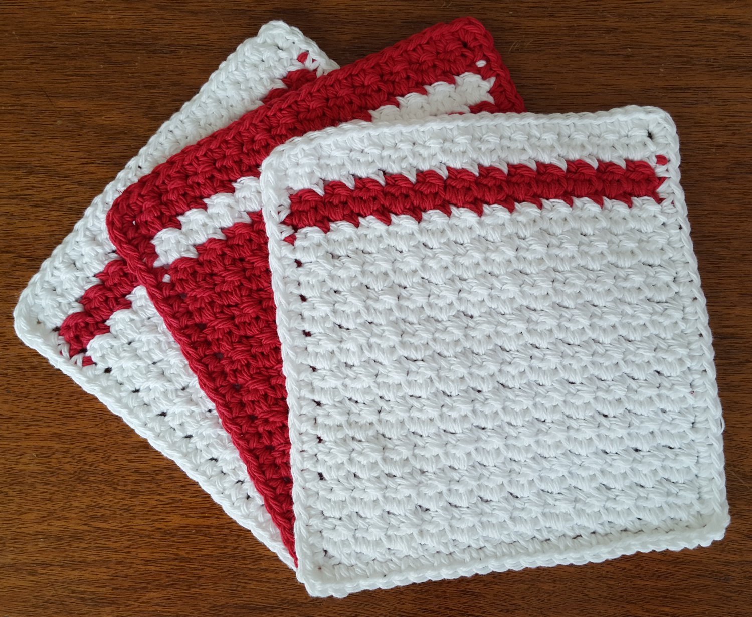 3 Crochet Cotton Dishcloth/Washcloth Red & White Made in USA
