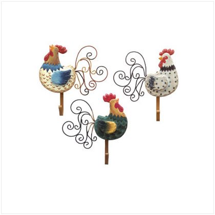 Country Farm Decor, Kitchen Decor, 6 PC ROOSTER WALL HOOK PLAQUES