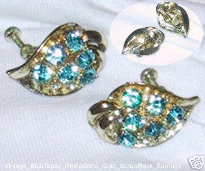 Vintage 1940s Blue Topaz RHINESTONE Gold Leaf Earrings