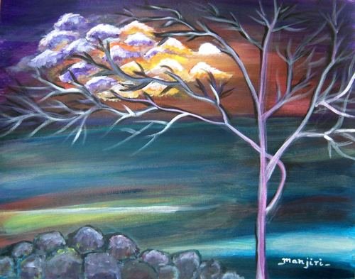 MYSTIC EVENING-Original abstract landscape on canvas paper