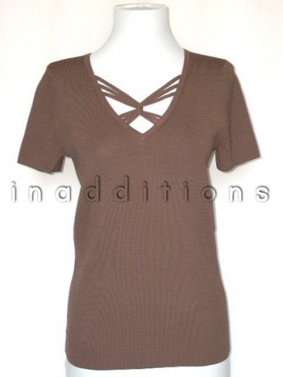 inadditions : New CABLE and GAUGE Viscose V-neck Short Sleeve Mocha Brown Top Shirt Women's Small