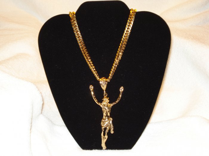 36 inch GOLD Double Curb Necklace Chain with a JUMBO Jesus Pendant Charm ADDED BONUS! BLING HIP HOP