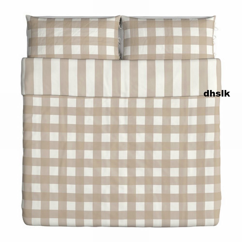 IKEA EMMIE RUTA KING Duvet COVER Pillowcases Set BEIGE White Checks Plaid