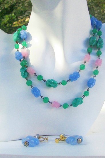 Vintage Necklace & Earrings Blue, Pink, Green Summer Set