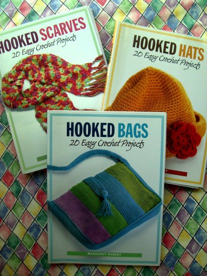 LOT 3 Crochet Project Book Hooked Scarves / Hats / Bags Pattern Instruction Book by Margaret Hubert