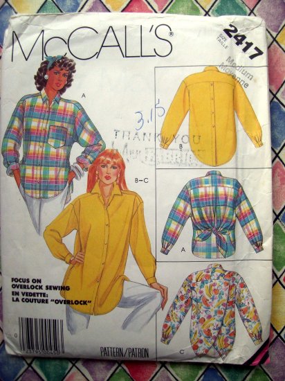 SOLD! McCall's Pattern # 2417 UNCUT Misses Loose Fitting Blouse /Shirt Size 14 16
