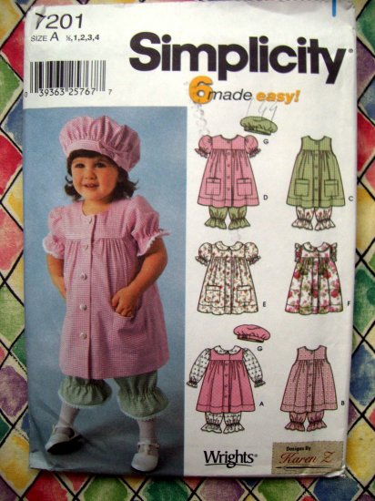 SOLD! Simplicity Pattern #7201 UNCUT Toddler Dress Hat Panties Sizes 1/2 1 2 3 4