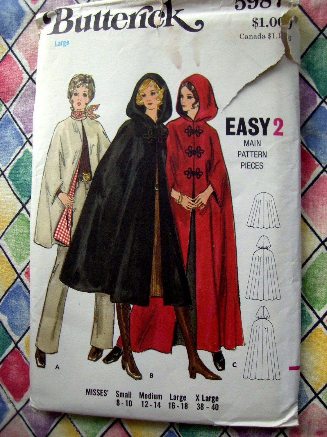 SOLD! Vintage Butterick Pattern # 5987 Hooded Cape Long or Short ~ Size Medium to Large