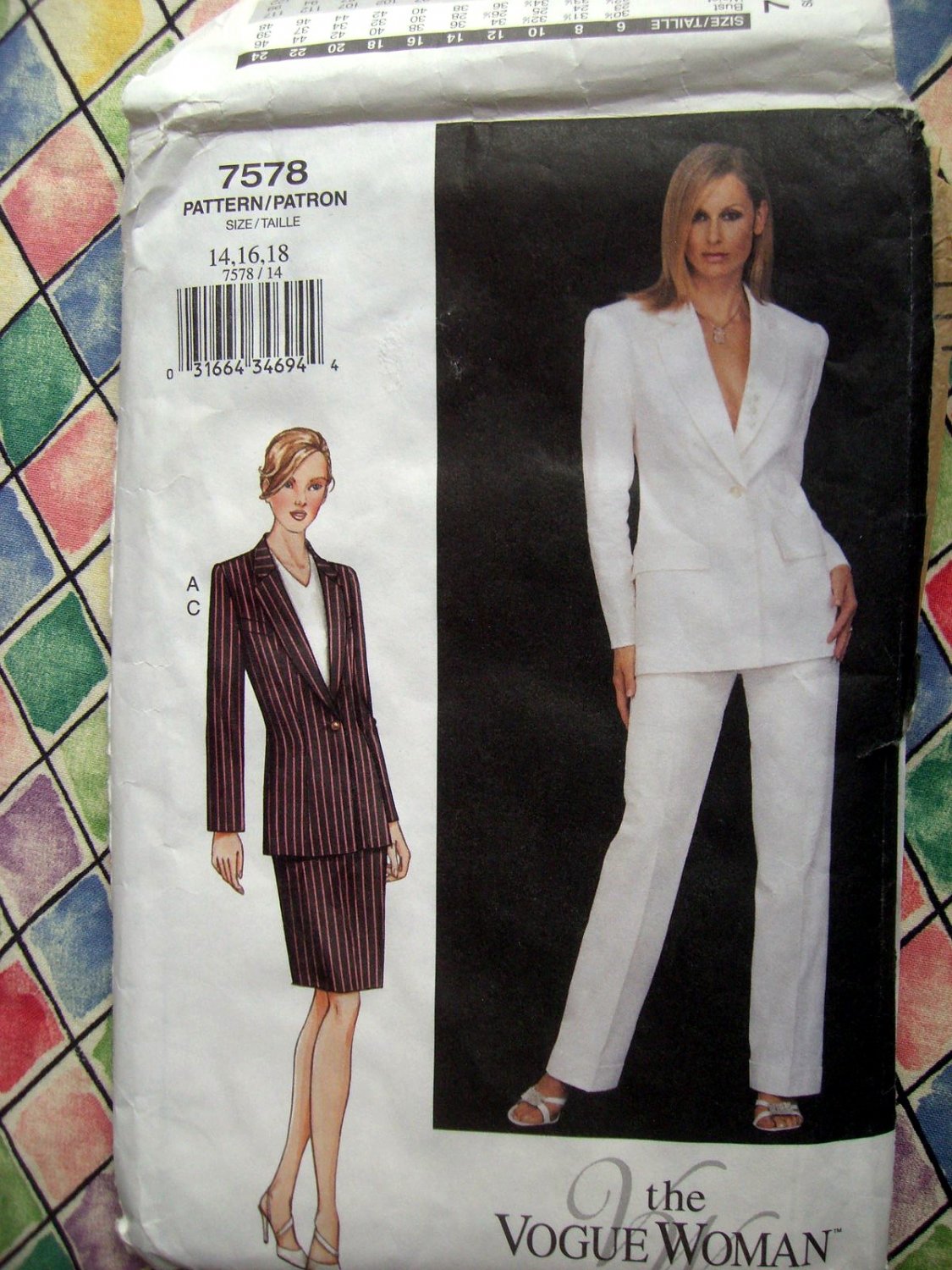 SOLD! Vogue Pattern # 7578 UNCUT Misses Jacket Skirt Pants Pencil Size 14 16 18
