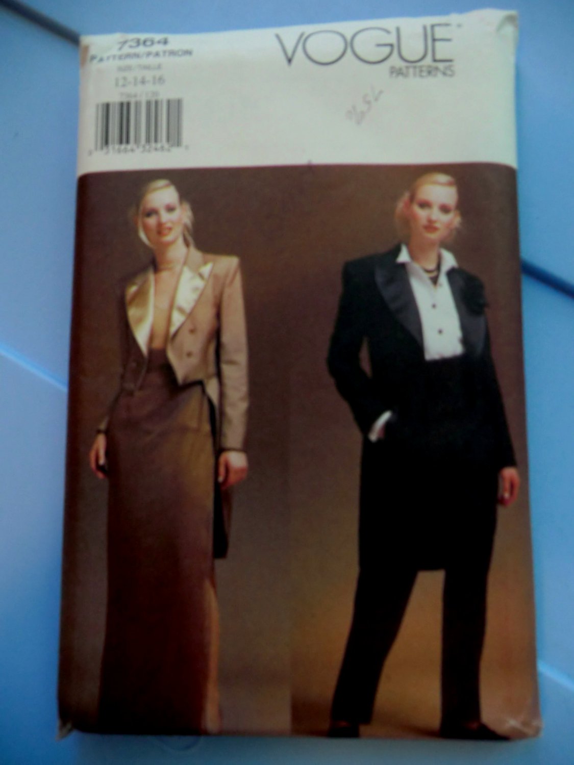 SOLD! Vogue Pattern # 7364 UNCUT Misses Tuxedo Jacket Skirt and Pants Size 18 20 22