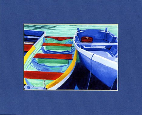 CAPE COD Rowboats Blues Greens Matted Print Dinghy, Renee Rutana