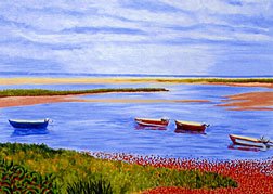 ACEO Print of Original Cape Cod Boats at Beach Painting, Renee Rutana