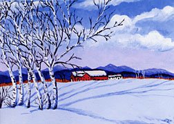 ACEO Print Vermont Winter Snow Birch Trees Barn Painting, Renee Rutana