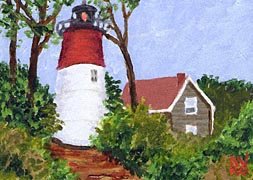 ACEO PRINT of Original Cape Cod, Lighthouse Painting, Renee Rutana