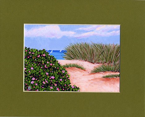 CAPE COD Sailboats Dune Beach Roses Matted Print Ocean, Renee Rutana