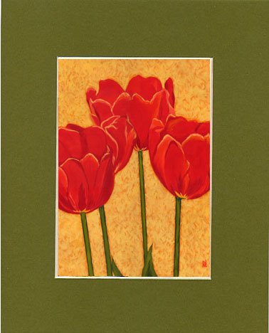 TULIPS Flowers Spring, Reds & Gold Botanical Matted Print, Renee Rutana