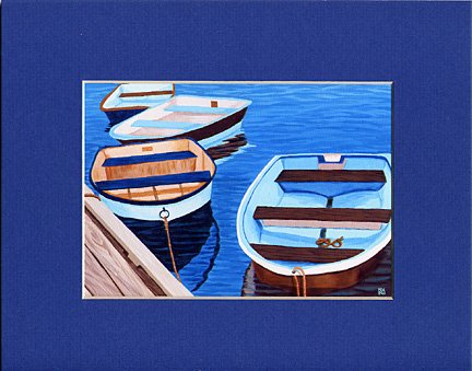 CAPE COD Blue & Brown Rowboats Matted Print, Skiffs, Seascape, Renee Rutana