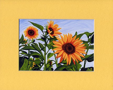 SUNFLOWERS Spring, Yellows, Greens & Blue Botanical Matted Print, Renee Rutana