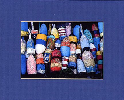 ROCKPORT LOBSTER BUOYS Blue, Red, Yellow & White Matted Print, Renee Rutana