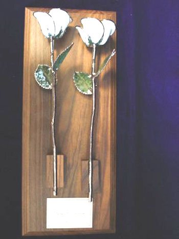 Two Diamond White/Platinum Wedding Roses on Walnut Base