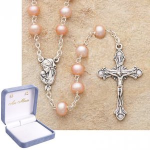 Pink Genuine Pearl Sterling Silver Rosary