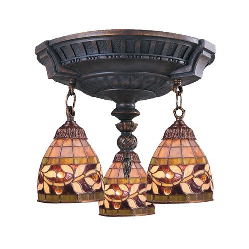Mix-N-Match Aged Walnut Three-Light Semi Flush Mount with Tiffany Style Glass
