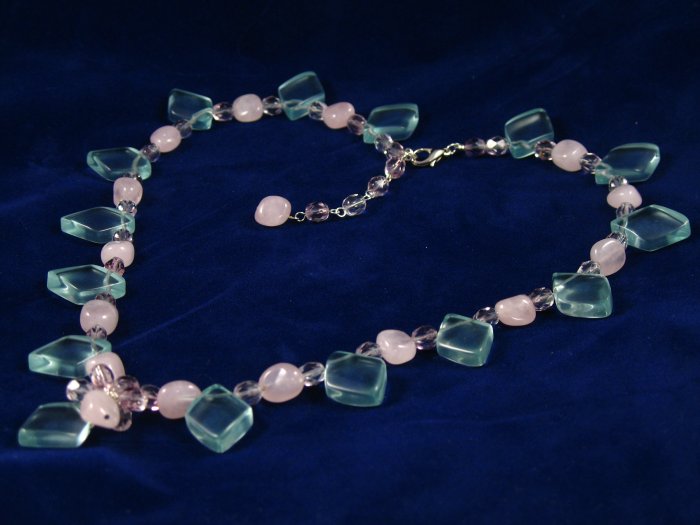 Blue glass topaz rose quartz purple crystal handcrafted artisan pendant chain necklace