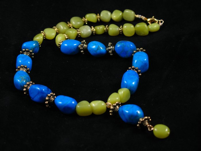 Blue turquoise green jade gold plated pewter beads handcrafted artisan pendent necklace