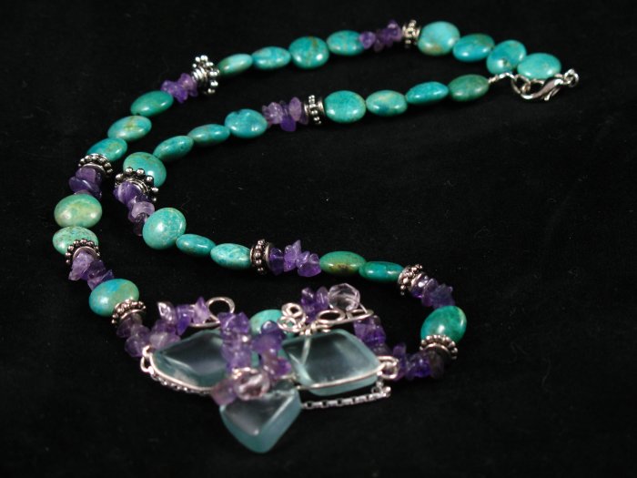 Turquoise amethyst antique glass topaz sterling silver handcrafted artisan pendent necklace