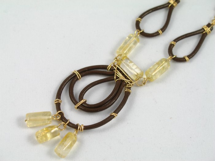 Leather citrine gold-filled wire wrapped long chain handcrafted artisan pendant necklace