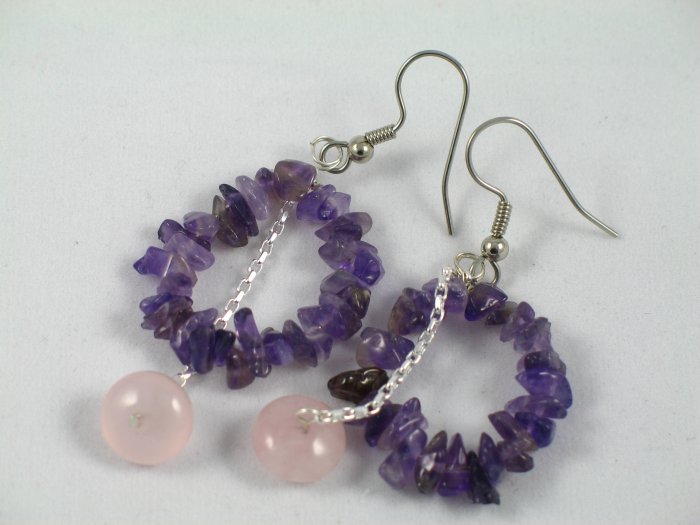 amethyst chips circle sterling silver chain rose quartz dangle handcrafted earrings