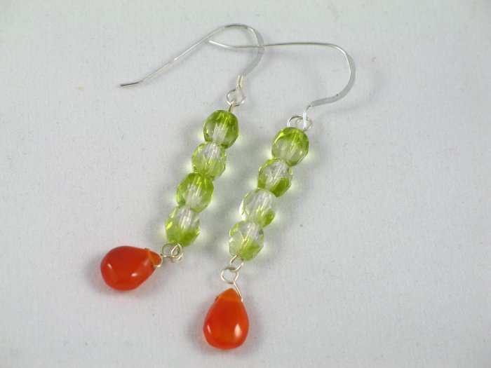 olive green crystal carnelian long dangle handcrafted earrings