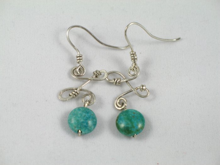 sterling silver wrapped green turquoise dangle handcrafted earrings