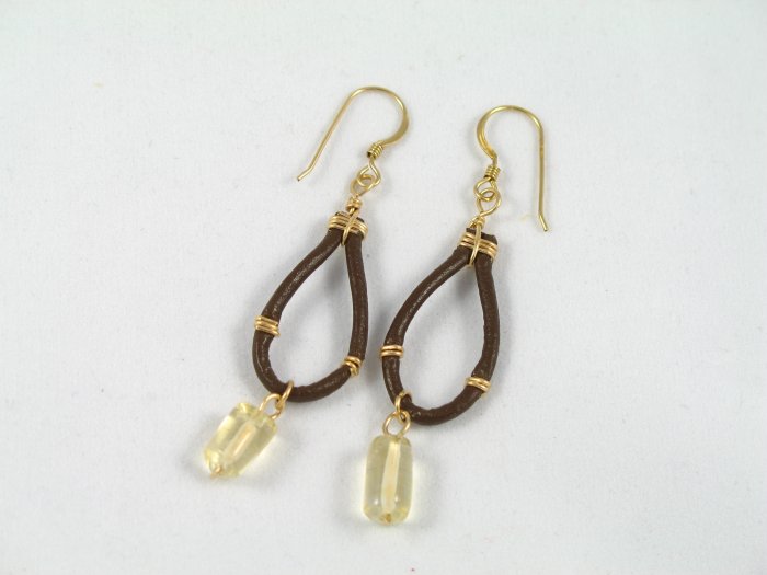 citrine real leather gold filled wrapped handcrafted dangle earrings