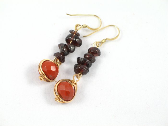 red jasper garnet chips gold filled wrapped dangle handcrafted earrings