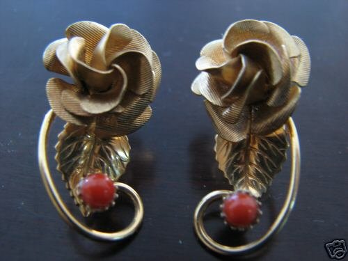 Loveley Pair of 12K Gold Filled Floral Art Nouveau and Coral Earrings