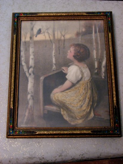Sweet Antique Child Print in Carved, Painted Wooden Frame