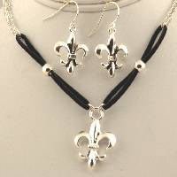 Fleur de lis leather & silver pendant set